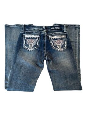 GRACE IN LA GIRLS' MEDIUM WASH LONGHORN SKULL STRETCH BOOTCUT JEANS 12